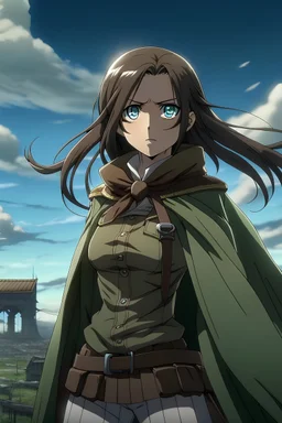 Attack on titan, blue eyes, brown hair, military uniform, dark green cape, female, long hair, screenshot, daytime background
