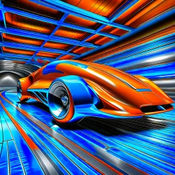 award winning car and driver photograph of a futuristic station wagon designed by only one vehicle per image painted metallic orange traveling at a high rate of speed, jet intake off of front center of vehicle and jet exhaust out the rear with bright blue flame, bilaterally symetrical, more a high speed road vehicle