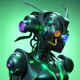 A beautiful portrait of a cyborg cat green color scheme, high key lighting, volumetric light high details psychedelic background