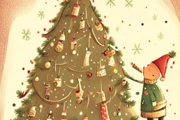 Christmas illustration, whimsical, detailed, warm colors, grainy texture, subject: decorating the christmas tree