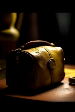 in the BASEMENT there is an old, broken brown oblong leather chest with short handles, with a hole on the side, gold coins from the time of Catherine the Great fall out of it. The ancient coat of arms of tsarist Russia, the double-headed eagle, is BARELY VISIBLE on the bag. All in high quality 8K