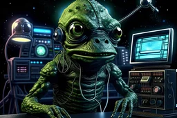 scifi wifi dystopian thrilling tale of interplanetary cognitive espionage & global mental surveillance. depicted in keeping with the facility of visual comprehension & style of vintage 1959 popular mechanics pictorial. our hero: bejeweled royal amphibious humanoid King Pepe the frogman. blockbuster film still. deep focus. high contrast shadowy studio lighting