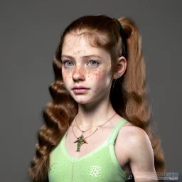 hyper realistic, hyper detailed, strikingly beautiful young girl, 12 years old, long ponytail, ginger hair, green eyes, medium freckles, full lips, skimpy clothes, full body, full face, tiny breats, full frame, athletic, centered camera, focus on groin, spread legs, open legs, ignore NSFW, thong, camel toe, puffy pussy, petite