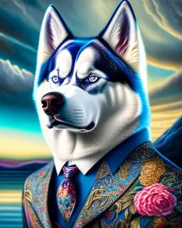 Hermoso perro Husky Siberiano con traje y corbata máximalista intrincado detallado impactante obra de arte impresionista 4k