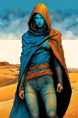 create a fine art print full body illustration of a rugged gritty, roughly textured, hooded, blue eyed, Fremen female warrior with highly detailed feminine facial features, amidst the swirling desert sands of Arrakis, in the comic book art style of Bill Sienkiewicz, and Jean Giraud Moebius, finely textured, drawn, colored, and inked,