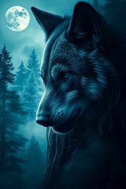 double exposure stunning wolf-woman mutant portait, forest, moon, smoke, ultra-high detailed, deep dark colors, dark fantasy, intricate detail, cinematic, masterpiece, sharp focus, dark ethereal fantasy, hyperdetailed, atmospheric , dark surreal fantasy