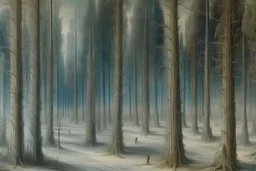 A winter forest with ice spirits painted by Leonardo da Vinci