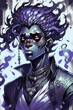 Male Air genasi fra d&d with black skin smoke some hair an Asian skin ghostly appearance with a Smokey undertone mork