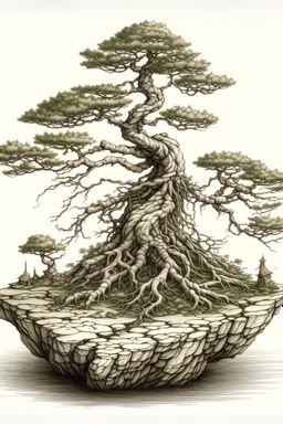 Pen drawing of a bonsai tree growing on a thin rock in the air, twisted roots and branches