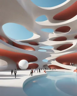 3D representation of architectural wonder, with a concrete design and matte reddish glass that contrasts with the light blue sky, emphasizing organic movement. Its design represents an ant with a bulbous tail and membrane wings with solar panels, its tail is made of concrete and glass. It stands out from pedestrians, creating a sense of scale. In open space, its use is a public place and as a great viewpoint in the mountains Combination of practicality and artistic expression in architecture