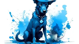 fantasy illustration: beautiful black dog in blue torn pants, tennis shoes, ragged hat on head,