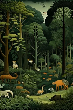 A dark green kingdom in a forest with animals painted by Edward Hicks