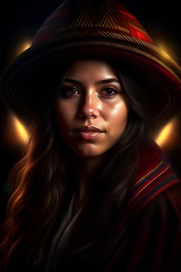 Digital art, high quality, digital masterpiece, natural illumination, spotlight, realistic, film style, beautiful, (1 Peruvian young woman wearing a peruvian poncho and a fedora:2.5), (Brown hair, braided:1.8), (beautiful face:1.8), cute, (Red Peruvian poncho with Peruvian patterns:1.5), (Dark fedora:1.5), (Peruvian valley at background:2)