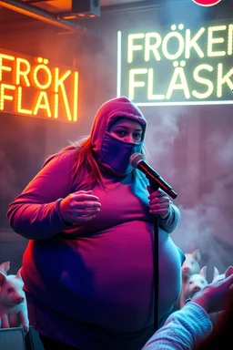 a very fat swedish girl, with skimask with called "Fröken Fläsk" performing at dance club, her name is "Fröken Fläsk" piglets On stage, yellow Neon lights and smog, and "FRÖKEN FLÄSK" big sign on the wall, she singing with mic, text in swedish! no translate mr. stable ai