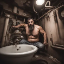 close up shot photography, ugly wet arab beefy plumber repairs boiler, burly, shirtless, hairy allover, manly chest, short beard, 42 years old, dressed in broken dirty boxer, big thighs, seen from below, frontal view, ambient occlusion, side light