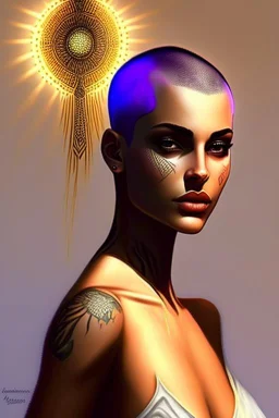 Her shaved head had the dark fuzz of new growth making her appear is if she were glowing with some inner light born of shadows.