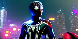 No1st_cr1t1kal, spider man miles morales, full portrait of black samurai gaspunk, high detail, volumetric lighting, tiny features, intricate detail, volumetric clouds