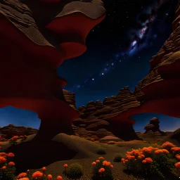 Colourful, peaceful, Egon Schiele, Max Ernst, night sky filled with galaxies and stars, rock formations, Arizona desertorama, trees, flowers, medieval miniature, sharp focus, 8k, deep 3d field, intricate, ornate