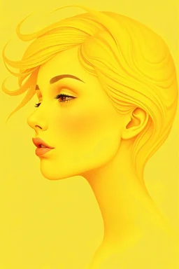 The image features a highly stylized and surreal representation of a beautiful girl characterized by a unique yellow-toned color palette. The face is shown in profile, with soft, smooth facial features and a serene expression. The head is adorned with flowing, , The background is a solid light yellow, enhancing the ethereal quality of the composition. The overall effect is one of