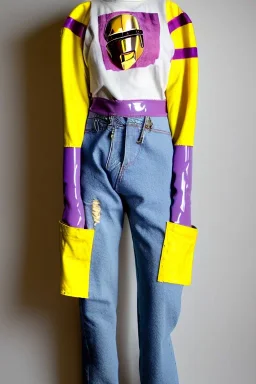 Photograph of a woman. Huge prints on denim,terracotta, cream and purple, lilac. Cream colored latex parts. imperial yellow, red plum mixed stripes, only on top half of t-shirt. Plant print.European daft punk woman. Baggy jeans, low waist! Mantle is sewed of recycled Denim and sewed together of recycled polymer felt. lace, Yellow(Munsell) areas. hint of orange as effect color!!Big bright purple/khaki felt tippet and cream or blue or lilac colored-hood. mantle is merged with cobalt bolero