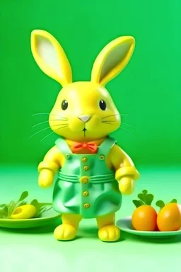 hace a un conejo marillo con un pantalon verde con platillos