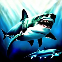 Epic fullsize oil Drawing of Photorealistic dramatic hyperrealistic,ultra realistic,hyper detailed, intricate, awesome, masterpiece, perfectly centered subject,with scars old Great White Shark, underwater, daylight ,by WLOP, Artgerm 8k