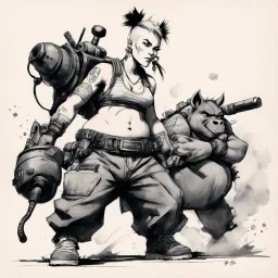 [traditional Chinese brush, expressive line, ink washes] Tank Girl with Bebop and Rocksteady: This body finds pleasure in his movement wish to walk with my head so high my shoulders back bum carefully encasing the head of my femur, wish my body to move like my trainer's.