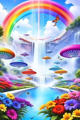 colors, very beautiful, flowers garden,rainbow, cité très futuriste ultra moderne, ufos rainbow, ufos fleet, intergalactic, birds, butterfly, cascades, falls