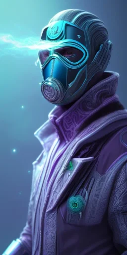 purple galaxy masked super villain, weapons in hands, teal and purple smoke, full portrait, hyper realistic, 4k