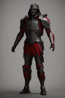 a man modern in military science fiction armor, the armor must be made of spiritual fabric, black and red. a fabric similar to that worn by men of the witch church of the past.