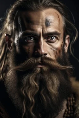 Portrait of a male warrior, scars on his face, long brown beard, middle age