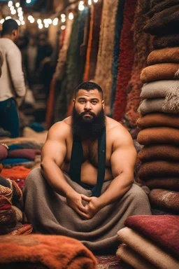 close up photography of a burly chubby muscular strong 24-year-old marocan man in Istanbul bazaar, shirtless, long beard, selling carpets sitting on a pile of carpets, big shoulders, manly chest, very hairy, side light, view from the ground