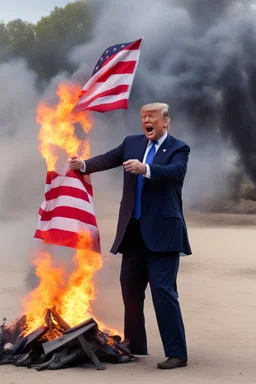 donald trump lights the american flag on fire while maniacally laughing