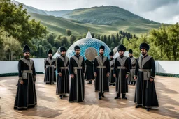 a group of men standing next to each other in Azerbaijan costume , female dancer, softair arena landscape, made in 2019, black cylindrical hat, olympics ceremony, islamic interior design, exhibition display, panorama shot, Siona Shimshi, woodlands style, 2019, caravagio, general uniform, ymmetrical