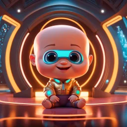 (masterpiece, best quality, 8k, RAW photo, beautiful and aesthetic:1.2), complex detail, Indirect light, photorealistic, (((full body))), Cosmic Boss Baby style smiling, bald, colorfull Sci-Fi environment