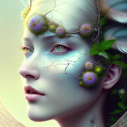 Portrait of beautiful girl, plant, metal, feathers, Dryad, fae, sidhe, ominous, nature, plants, wildflower, facepaint, dnd character portrait, intricate, oil on canvas, masterpiece, expert, insanely detailed, 4k resolution, retroanime style, cute big circular reflective eyes, cinematic smooth, intricate detail , soft smooth lighting, soft pastel colors, painted Renaissance style,bokeh, 800mm lens