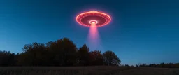 flying saucer ufo in autumn evening field shooting a cone of light upwards