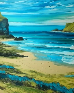 A blue beach near cliffs designed in Scandinavian folk art painted by Vincent van Gogh