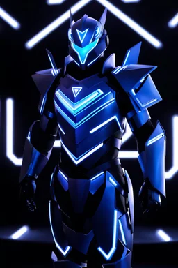 neon blue, floating parts of armor in form triangle of light orbiting behind the back, cyber armor, geometric patterns on armor, male, orbiting triangle