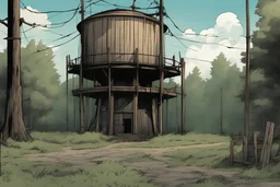water tower, forest, wood fence, post-apocalypse, front view, street, comic book, cartoon