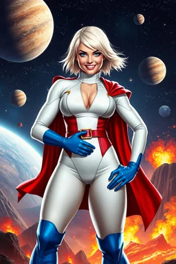 Karen Starr, full body, young athletic white female, crew cut bleach-blonde hair, blue eyes, thick black eyebrows, round face, semi-pointed chin, muscular build. Wearing white long-sleeved bodysuit with high collar with plunging neckline, blue elbow gloves, red belt with gold buckle, red cape, blue knee boots. Big smile. Background: outer space, planets, stars, galaxies, fire, explosions, volcanic lava, craggy peaks. Photorealistic