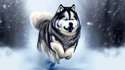 Alaskian Malamute running through the snow, furry style, shamanism, fish