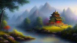 Tranquility landscape of hill on misty chinese paint art