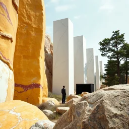 Un'immagine di un paesaggio naturale con marmi gialli e rossi pastello imponenti accanto a strutture artificiali verticali e alberi. Queste strutture sembrano blocchi rettangolari riflettenti, come colonne di vetro, che creano un contrasto tra il naturale e l'artificiale. Gabbia brutalista si erge solitaria. Persona osserva. bianco con venature e solchi. Tenda nera. La scena trasmette un senso di sospensione e dialogo tra elementi organici. Dettagli degli specchi e delle rocce molto accentuati.