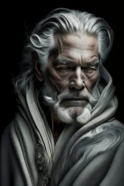 a photo of an White man with ethnic jewelry, grey hair and grey flowing robe, in style of Annie Leibovitz, contemporary portrait of a mature yet beautiful and modernist man, black and grey, detailed masculine face, swirling fluid smokey enigma, award-winning artwork