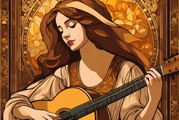 girl playing acoustic guitar in the art style of Dante Gabriel Rossetti with colors of brown, amber, gold, and cream