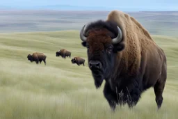 Bison walking uphill towards viewer's left, prairie grasses in foreground, background fades out to completely white