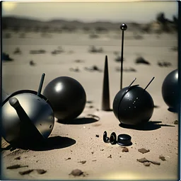 Odd spindle-shaped objects scattered over an arid surface, nothingness, close-up, polaroid, in Yves Tanguy style, nightmare