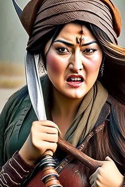 style comdey character : A woman, believing herself a fearsome warrior, dramatically confronts the She holds her sword upside down A Mongol casually pushes her over and steals her dictionary, Woman stands defiantly, sword held backwards, Ertugrul music blasting in the background. Mongols look confused Close-up of the woman naked confident face shouting her challenge. Mongol soldier pushes her with a bored It was a beautiful woman for the soldiers. All the soldiers Crowded marry naked her.