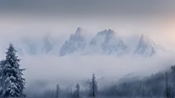 Far over the misty snow capped mountains cold